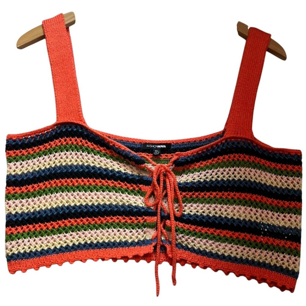 Womens Boho Revival Crochet Crop Top Lace-Up Front Sleeveless Sz XL Multi Stripe